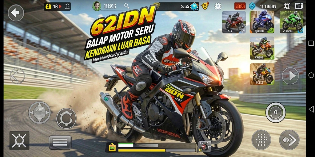 Gameplay mendebarkan dari 62IDN dalam balapan motor.