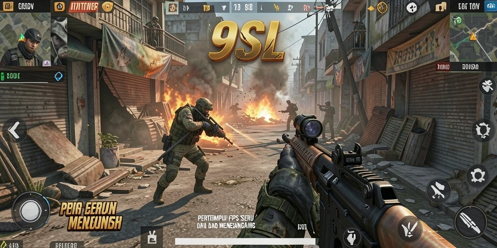Screenshot gameplay 9SL dengan aksi tembak-menembak yang intens.