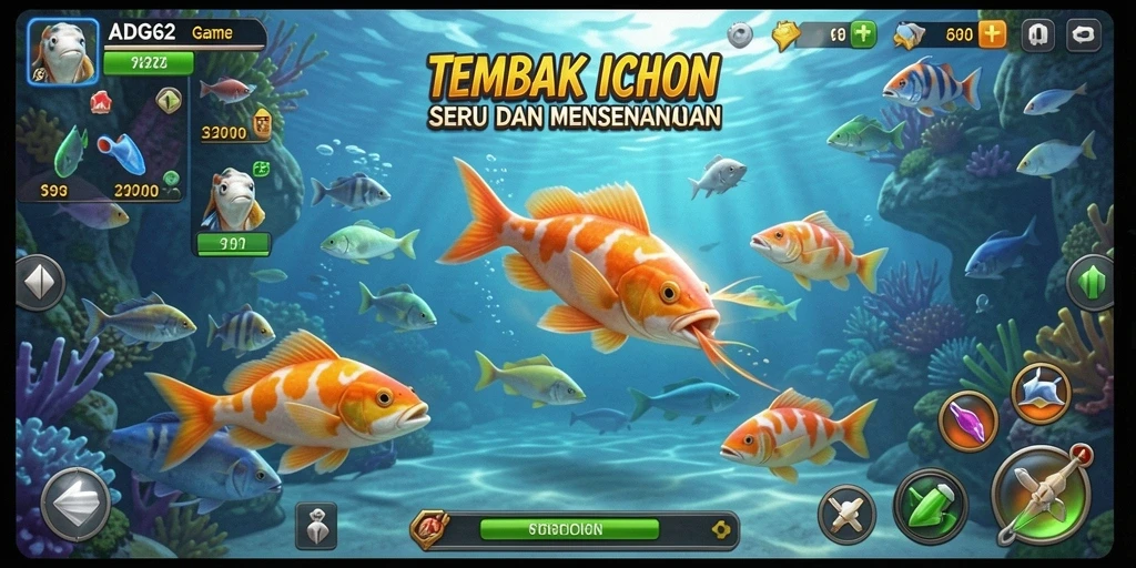 Tampilan gameplay ADG62 dengan aksi menembak ikan yang seru.