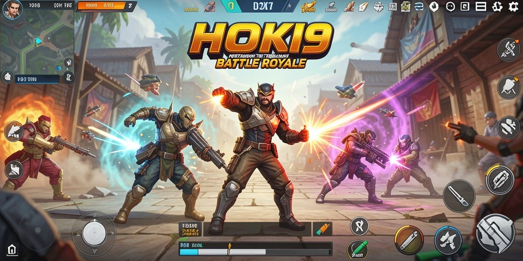 Screenshot utama HOKI9 menunjukkan aksi intens dalam pertempuran Battle Royale.