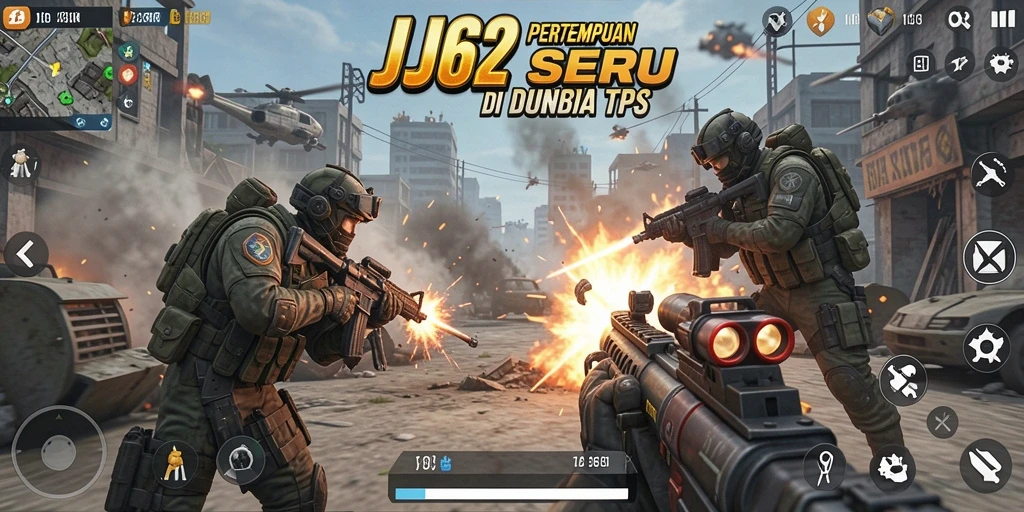 Screenshot JJ62 menampilkan aksi pertempuran TPS yang intens.