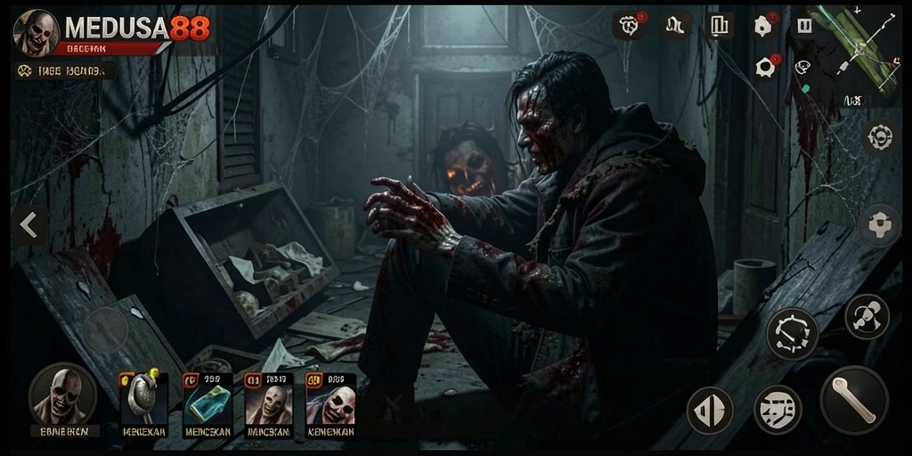 Tampilan gameplay menakutkan di MEDUSA88 dengan suasana horror.